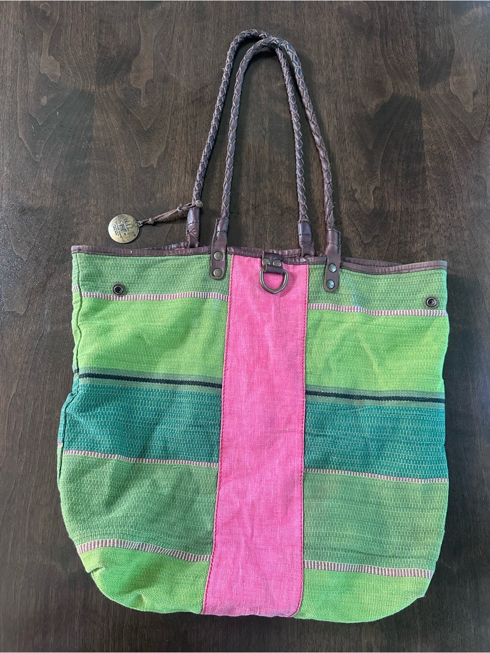 Will Leather Goods Green Pink Striped Canvas Tote Bag with Braided Handles EUC
